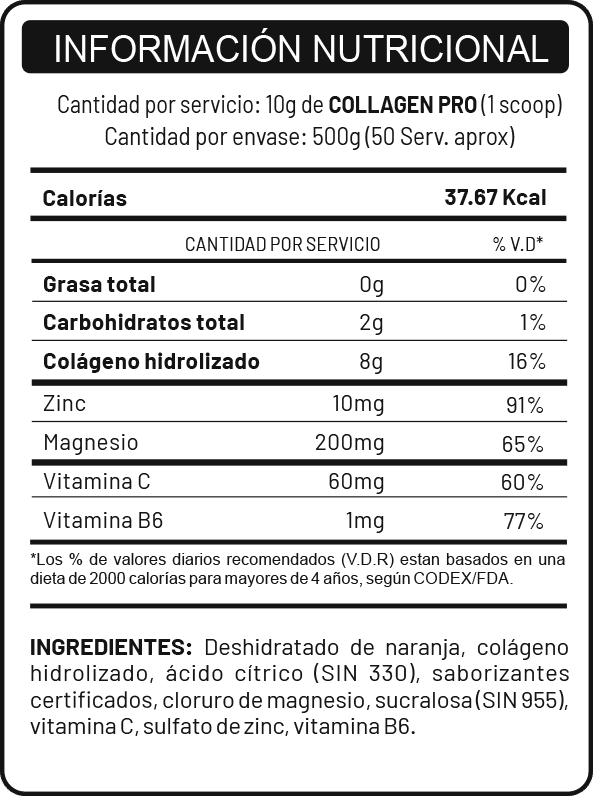 COLLAGEN PRO UNIVERSE NUTRITION informacion nutricional