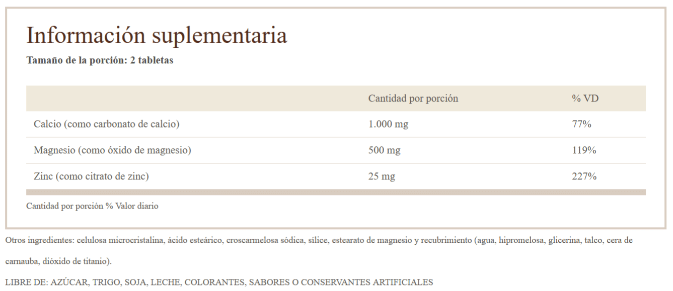 calcio magnesio y zinc información nutricional