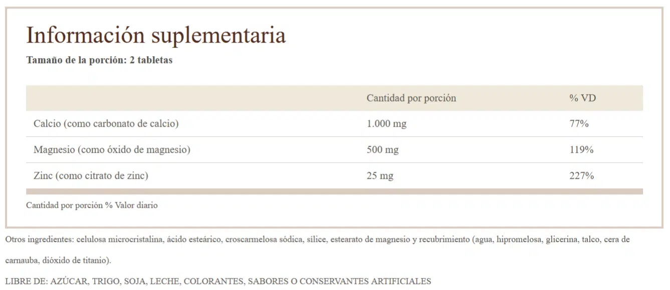 calcio magnesio y zinc informaci&oacute;n nutricional